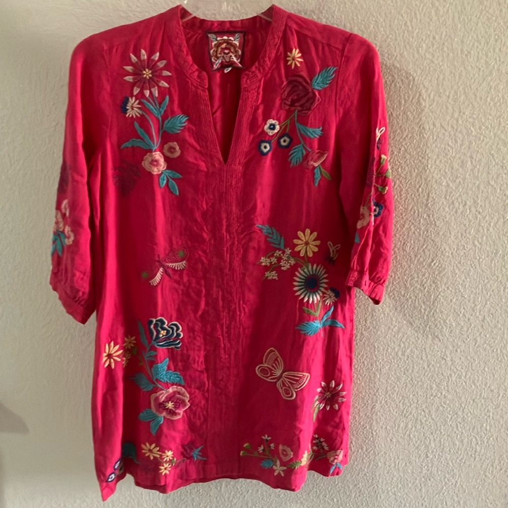 Women's Johnny Was Arla Chic‎ Pink 100% Linen Dress Embroidered Design Sz S- EUC - Picture 3 of 12